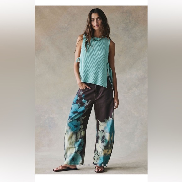 Free People We The Free Good Luck Printed Barrel Jeans Washed Floral
